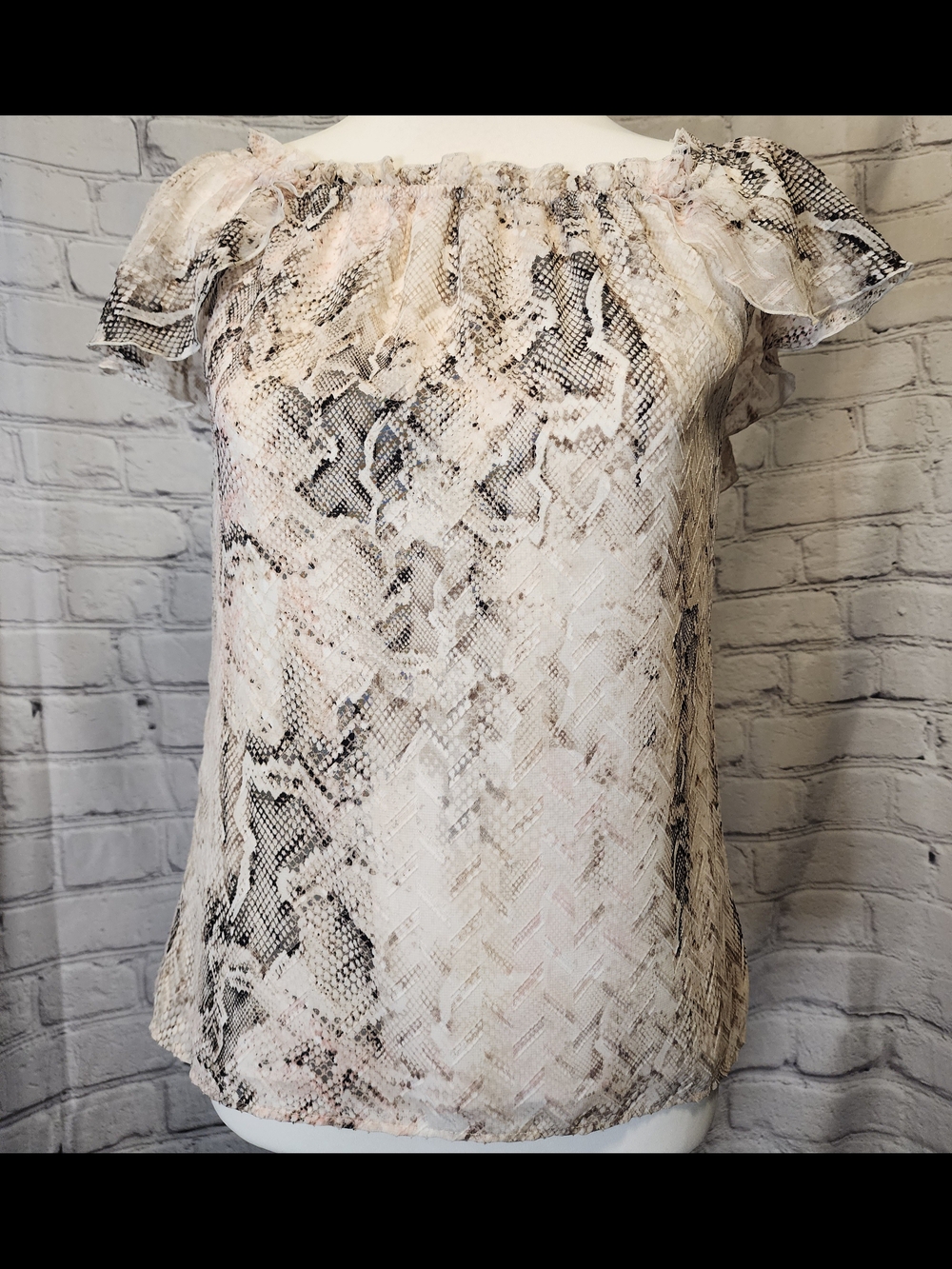 White House Black Market Blush and Black Snake-Print Off-Shoulder Top